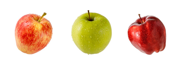 Three different varieties of fresh apples with water drops isolated on a white background