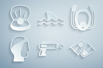 Set Fishing harpoon, Diving mask with snorkel, hood, Flippers for swimming, Shark and Pearl icon. Vector