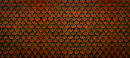 Traditional ecological  consistent cladding of a wall with abstract orange colored painted wooden larch fish scales, wood shingles, clapboard, clapboard texture background banner panorama 3D scindula