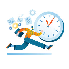A woman with a laptop is trying to keep up with the times. Vector illustration in a flat style on the topic of time management and working time planning.