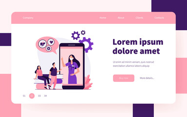 Tiny people listening doctor recommendation from mobile phone. Health, book, smartphone flat vector illustration. Medicine and digital technology concept for banner, website design or landing web page