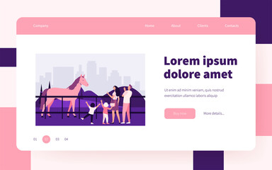Family looking at horse in city park. Parent and kids visiting zoo or hippodrome. Flat vector illustration. Animals, family, entertainment concept for banner, website design or landing web page