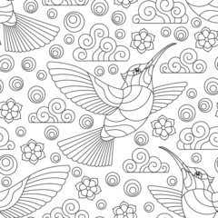 Seamless pattern with dark contour Hummingbird birds, clouds and flowers, outline birds on a white background