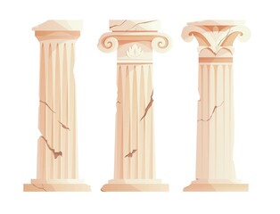 Antique broken Greek columns. Ancient Roman pillar. Building design elements. Cartoon vector illustration.
