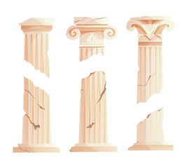 Antique broken Greek columns. Ancient Roman pillar. Building design elements. Cartoon vector illustration.