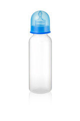 Long baby bottle with blue cap isolated 