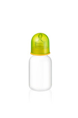 Small baby bottle with green cap isolated 