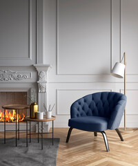 White interior living fireplace design herringbone floor armchair