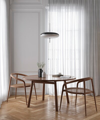 White interior living design herringbone floor, dinner table lamp