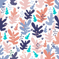 Obraz na płótnie Canvas Modern vector seamless pattern in pastel colors. Abstract background with trendy shapes. Vector illustration.