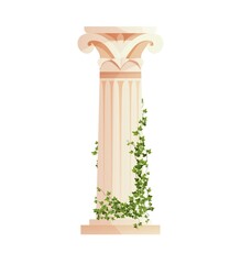Ancient Greek column with ivy climbing branches. Roman pillar. Building design elements and decoration. Cartoon vector illustration.