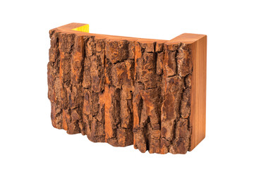 Wooden lamp night light made of solid wood with bark, on a white background, isolated image