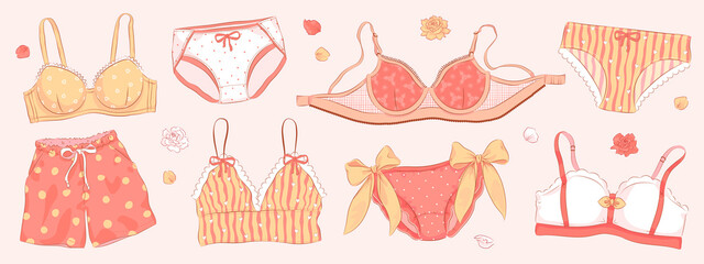 Lingerie design collection. Set of hand drawn pants and bra. Vector illustration of underwear