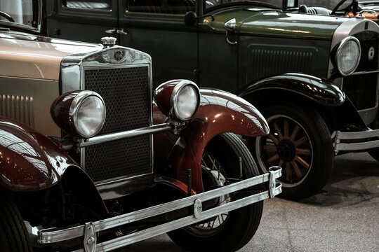 4 June 2019, Moscow, Russia: Headlights and grill of american car Studebaker Erskine 50 Sedan 1927
