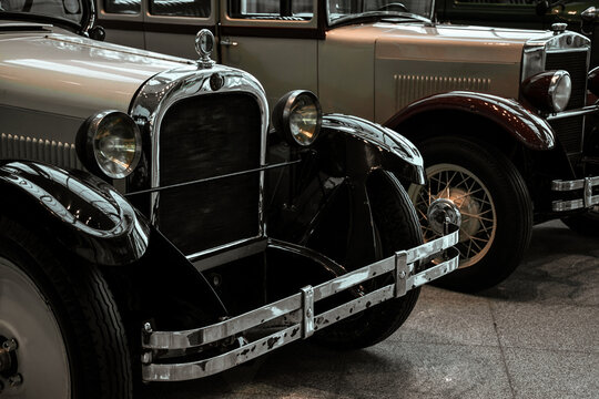 4 June 2019, Moscow, Russia: grill and headlights of american car Dodge 124 Open Touring 1928.