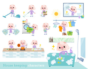 掃除や洗濯など家事に関するブタの女の子のセット