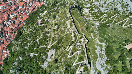 Aerial view of the Fortress of St. John and the serpentine road in Kotor