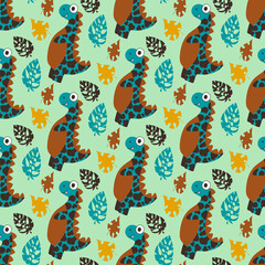 Cute tyrannosauruses and tropical leaves pattern vector. Hand-drawn happy vibrant dinos in a wild tropical forest. Perfect for kids apparel, pillows and more