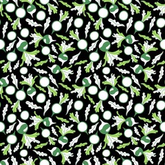 Fototapeta na wymiar Radish seamless pattern by green, black and white colors vector. Hand-drawn whole radish vegetable with tops, slices and leaves stylized seamless pattern