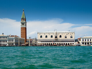Venice: view of San Marco square and bell tower from Giudecca's canal sailing on a boat
