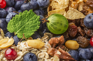 background of mint, nuts, berries, oatmeal and raisins