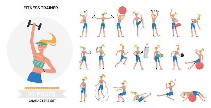 Fitness trainer woman gym workout poses infographic vector illustration set. Cartoon flat female coach instructor character doing gymnastics, sport exercises with kettlebell, dumbbell