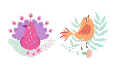 Cute Birdie Sitting in Nest of Floral Twigs Vector Set