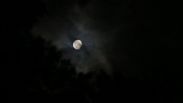 Nuvens passando num c&eacute;u noturno sobre a lua cheia ao som de sapos, grilos e cachoeira.