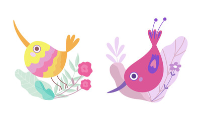Cute Birdie Sitting in Nest of Floral Twigs Vector Set