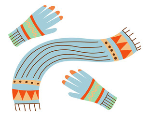 Winter blue gloves and scarf hand drawn flat