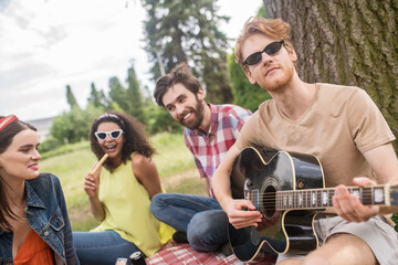 Fototapeta premium Cheerful young people socializing at picnic