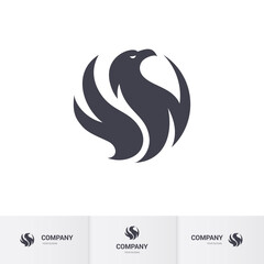 Obraz premium Flat Illustration of Stylized Monochrome Flaming Phoenix or Falcon, Eagle Bird. Modern Professional Hawk Logo Design. Phoenix Head Logo Illustration on White Background
