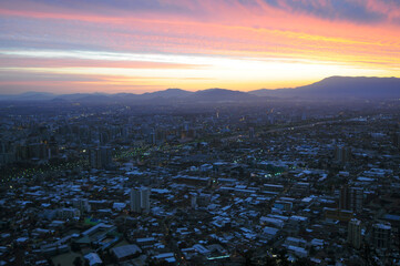 Aeral view of Santiago of Chile at sunset.