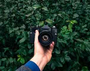 Male hand holding a vintage film camera in the air. Green nature in the background.