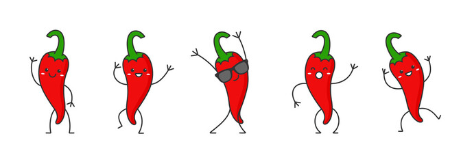 Red spicy pepper chilli character cartoon face smiling happy emotions icon logo vector illustration.
