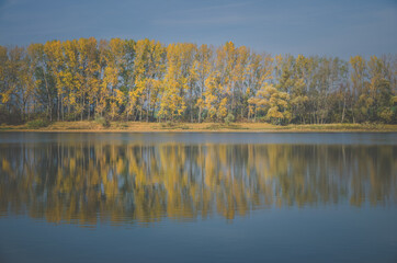 colors of autumn, yellow trees and blue pond in scenic countryside