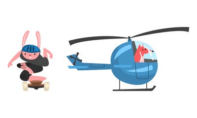 Naklejka na ściany i meble Bunny in Helmet Skateboarding and Fox on Board of Helicopter Vector Set