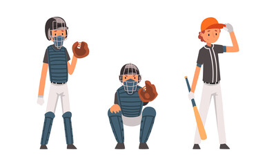 Boy as Baseball Player on Sport Field Playing Bat-and-ball Game Vector Set