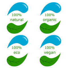 Set of logos is a natural product, vegetarian, eco, organic. Leaf and water drop symbols, blue and green colors. Vector illustration.