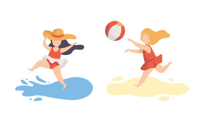 Happy Girl Having Vacation at Sea Splashing in Water and Playing Ball Vector Set