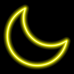 Yellow neon outline of the waning moon on a black background. Icon illustration