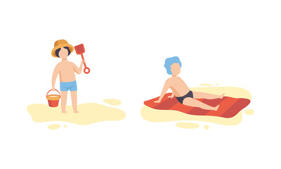 Fototapeta na wymiar Boy Having Vacation at Sea Sunbathing on Blanket and Playing with Sand Vector Set