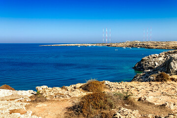 View of the blue lagoon. A popular place in the Cape Greco National Forest Park on the island of...