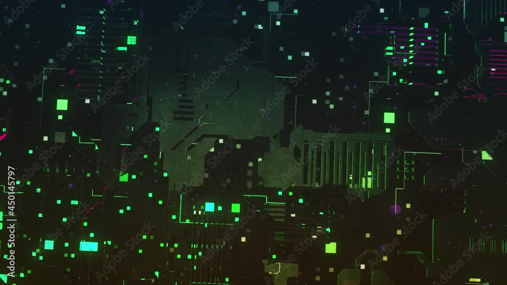 Poster abstract dark circuit board with many details and moving elements, seamless loop. motion. technologi