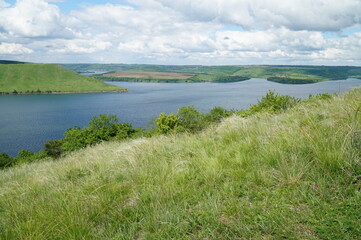 Panorama of the Bakota nature reserve in the Dniester river reservoir.