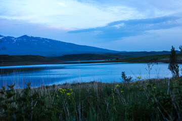 Aparan Reservoir in  Armenia blue sky background