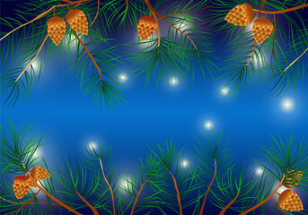 Holiday background with pine branches and cones. Vector illustration of pine branches on blue backgound
