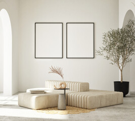 mock up poster frame in modern interior background, living room, minimalistic style, 3D render, 3D illustration