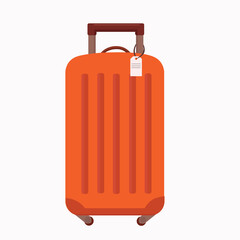 Modern red suitcase on wheels for traveling or business trips. Vector flat design.