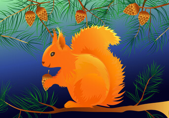 Illustration of squirrel with cone and pine branches